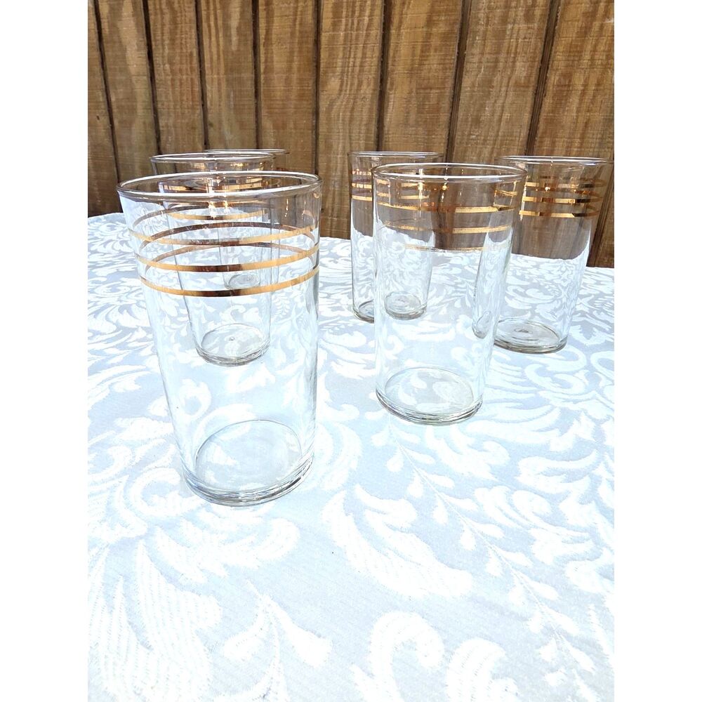 Lot of 6 Vintage Gold Rimmed MCM High Ball Glasses Cocktail Glass